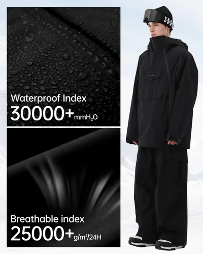 Vista 4 de Chaqueta de esquí para hombre 3L Anorak de snowboard, chamarra de nieve holgada con capucha, impermeable, cortavientos, aislante, para invierno