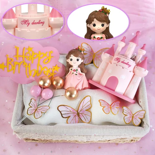 Vista 3 de 19 piezas Decoración de pastel de princesa con castillo, mariposas y bolas para suministros de cumpleaños de princesa (rosa)