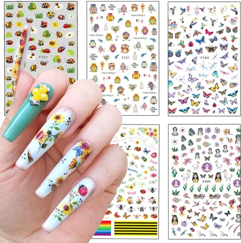 Vista 9 de Calcomanías de uñas autoadhesivas 3D de rosa negra, diseño holográfico de serpiente, sol, estrellas, decoración para mujeres, consejos de manicura