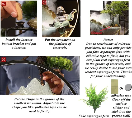 Vista 8 de Fuentes de agua de Buda para interiores y cascadas con 2 estatuas de Buda, fuente de agua de niebla con soporte de incienso de reflujo