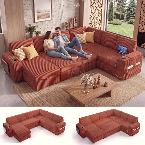 Vista 26 de WEUP Sofá cama modular de 111 pulgadas con cama extraíble, sofá de pana de felpa en forma de L de 7 asientos con diván de almacenamiento, puertos