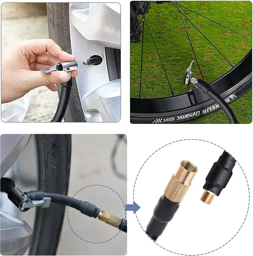 Vista 4 de Adaptador de válvula de neumático de extensión flexible, adaptador de inflador de manguera de aire, rosca estándar de válvula de neumático