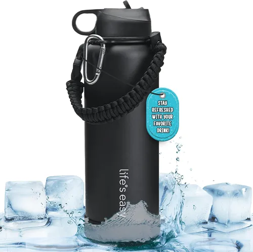 Vista 9 de Life's Easy Botella de agua aislada de acero inoxidable – Botella de agua deportiva con mango de bucle y tapa de popote de silicona biónico – Frasco