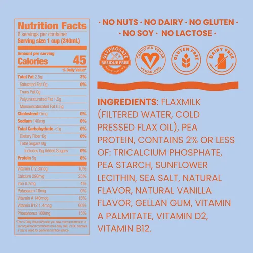 Vista 2 de Good Karma Leche de Lino de Vainilla Sin Azúcar +Proteína, 64 Onzas, 5g Proteína Vegetal + 1200mg Omega-3 Por Porción, Alternativa de Leche No