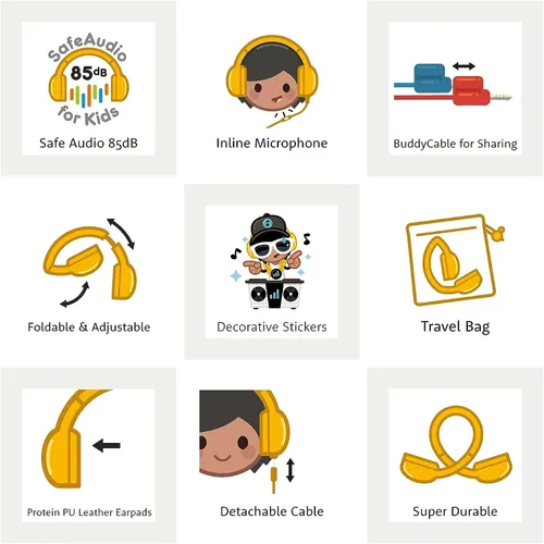 Vista 7 de BuddyPhones Explore Plus Auriculares plegables con cable para niños, cable para compartir audio integrado con micrófono en línea, limitación