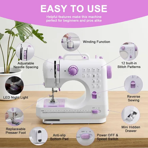 Vista 2 de Máquina de coser para principiantes y niños, mini máquinas de coser portátiles con 12 patrones de puntada incorporados, pedal de pie de 2
