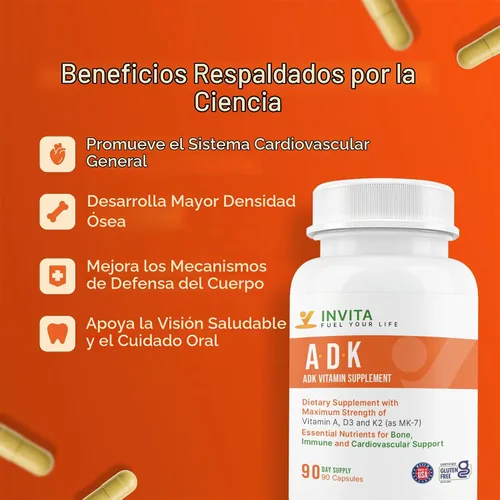 Vista 5 de INVITA, Suplemento vitamínico ADK – 90 cápsulas – Alta potencia de vitamina A, D3 5000 UI y K2-MK7 – Médico formulado para apoyo óseo, corazón e