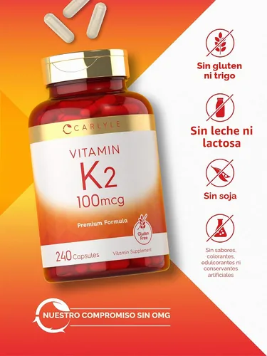 Vista 5 de Suplemento de vitamina K2 Carlyle 100 mcg K2 MK-4 240 cápsulas Sin OGM y sin gluten Sin OMG y sin gluten