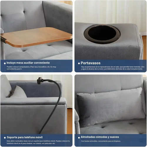 Vista 6 de weselon Silla Cama Convertible de Terciopelo, Silla de Descanso Multifuncional 3 en 1, Sofá Cama Extraíble para Huéspedes con Mesa Oculta y Respaldo