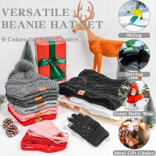 Vista 5 de Winter Hat Scarf Gloves and Ear Warmer, Warm Knit Beanie Hat Touch Screen Gloves Set Winter Gifts Neck Scarves for Women