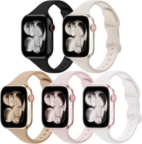 Vista 21 de Paquete de 5 bandas de silicona delgadas compatibles con Apple Watch de 38mm 42mm 40mm 44mm 41mm 45mm 46mm 49mm, correa deportiva estrecha y delgada
