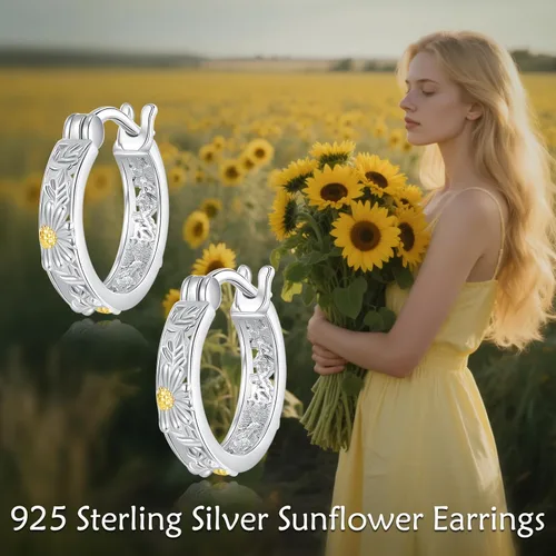 Vista 6 de POPLYKE Aretes de plata de ley con diseño de flores, pequeños aretes tipo huggie, regalo de joyería para mujer A-Daisy