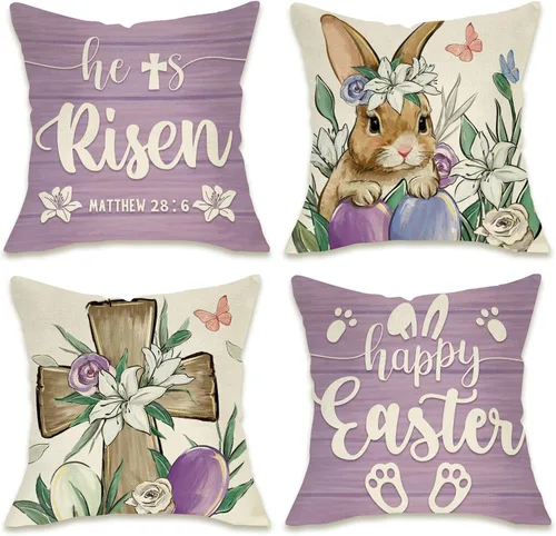 Vista 8 de Fahrendom Happy Easter Bunny - Juego de 4 fundas de almohada decorativas cristianas de 16 x 16 pulgadas, diseño de conejo religioso, cruz religiosa