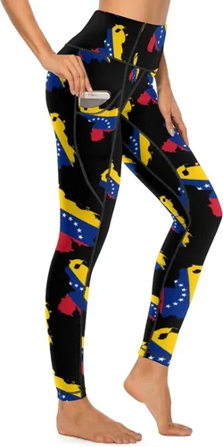Vista 4 de Pantalones de yoga con diseño de bandera de Venezuela para mujer, leggings de cintura alta, pantalones de entrenamiento casuales con bolsillos