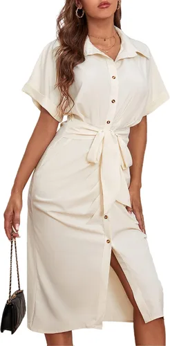 Vista 4 de LYANER Vestido midi de manga corta fruncido con cuello abotonado para mujer