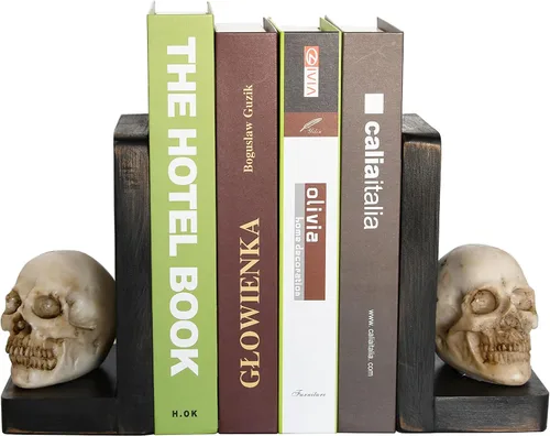 Vista 2 de OwlGift Sujetalibros decorativos de calavera de Halloween, sujetalibros resistentes para estantes, extremos de libro de calavera para libros