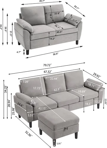 Vista 2 de Juego de sofá modular convertible de 3 piezas, sofá pequeño y moderno en forma de L, sofá de 3 plazas con diván reversible otomano y sofá biplaza