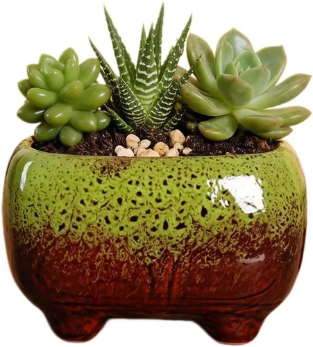 Vista 3 de Lindo recipiente rectangular de cerámica de 4.7 pulgadas para decoración del jardín del hogar, suculentas, cactus, macetas, no incluidas (verde)
