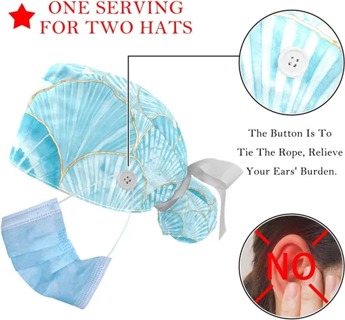 Vista 3 de 2 gorras de trabajo para mujer con botón Ocean Turtle cubierta de pelo largo cinta con cordones