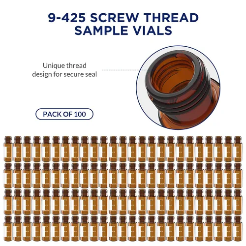 Vista 4 de Viales de muestreo automático de 0.1 fl oz, viales de muestra HPLC/GC, con área de escritura y graduaciones, tapón de rosca 9-425, PTFE azul