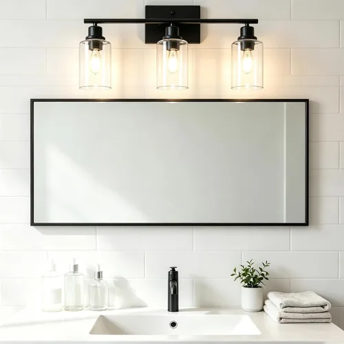 Vista 12 de Lámpara de pared de 3 luces de níquel cepillado de metal, lámpara de tocador de interior con pantalla de vidrio transparente, accesorios