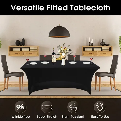 Vista 4 de Paquete de 2 manteles rectangulares de elastano de 4 pies, ajustables, elásticos, para bodas, fiestas, eventos, reuniones, cumpleaños, decoración