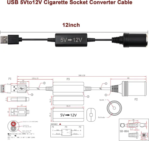 Vista 2 de Convertidor de voltaje elevador de 5 V a 12 V, USB A macho de 1 pie a encendedor de cigarrillos hembra cable de aumento de enchufe hembra