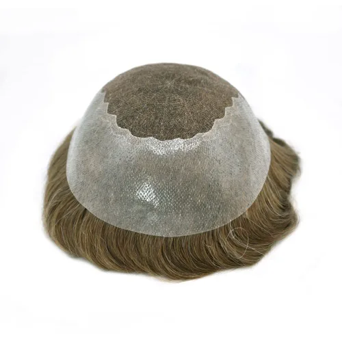 Vista 6 de Toupee para hombres pieza de pelo suave suizo encaje real sistema de cabello humano reemplazo blanqueado nudo mens tupé sistema de pelo para hombres
