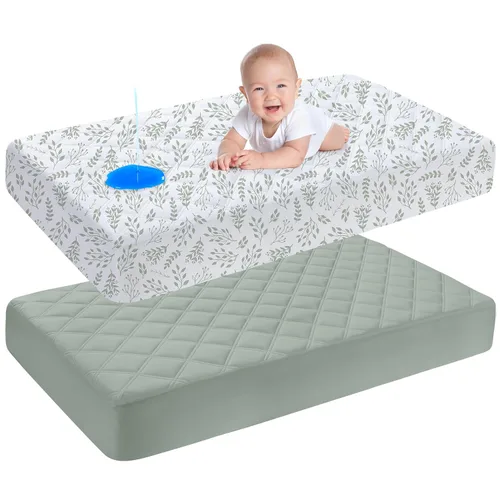 Vista 10 de Yoofoss Protector de colchón impermeable para cuna, paquete de 2, funda acolchada para colchón de cuna, ultra suave y transpirable, lavable a