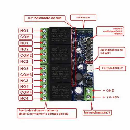 Vista 4 de Módulo de relé inteligente inalámbrico Ewelink WiFi USB 5V 4 canales, autobloqueante, contacto seco, interruptor de palanca remoto para control