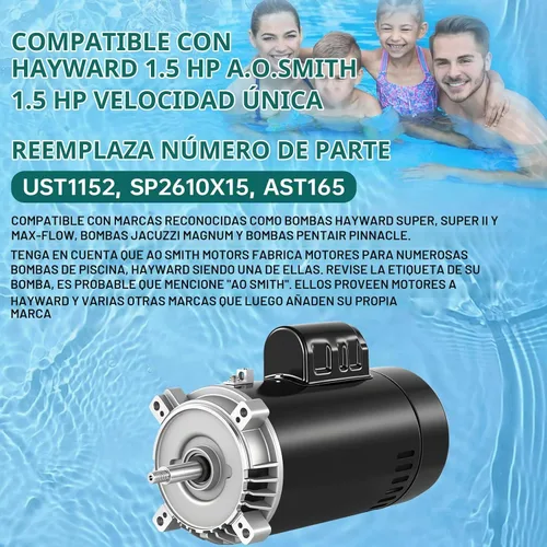 Vista 2 de UST1152 Motor de bomba de piscina de 1.5 HP compatible con Hayward Super Pump, Super II, bombas Northstar Jacuzzi Magnum de flujo máximo, motor