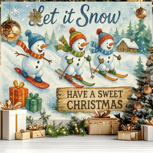 Vista 13 de HOMETITUTE Pancarta de Navidad de Papá Noel 8 x 6 pies Lista de Regalos Telón de Fondo Fiesta Navideña Fondo Árbol Muñeco de Nieve Bicicleta