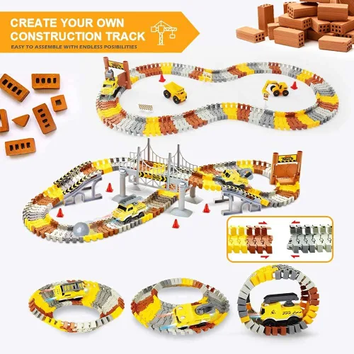 Vista 2 de Juego de pistas de carreras de construcción, pistas de tren flexibles con 2 vehículos eléctricos de carreras de construcción con luces, juguetes