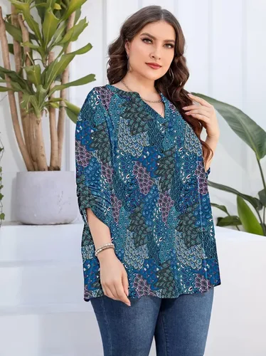 Vista 3 de AMCLOS Camisetas de talla grande para mujer, cuello en V, estilo casual, suave, fluido, manga larga con botones