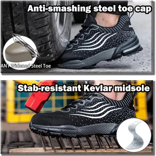 Vista 2 de Zapatos de punta de acero para hombres y mujeres, zapatos de seguridad ligeros, cómodos, con puntera de acero, zapatos de trabajo indestructibles