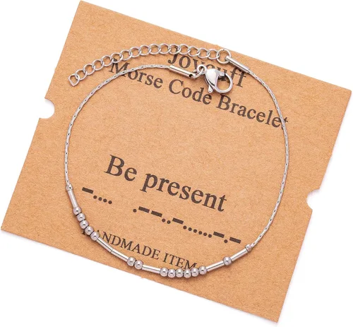 Vista 9 de JoycuFF Pulseras inspiradoras de código morse para mujeres, cuentas de plata, joyería con mantra de motivación, regalos para ella