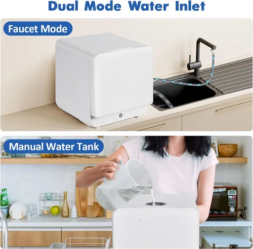 Vista 2 de Lavavajillas portátil compacto con grifo y tanque de agua manual (5L) Modos de entrada de agua, compacto con más espacio en el interior, 6