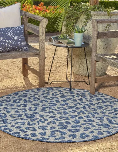 Vista 3 de Unique Loom colección Outdoor Safari Alfombra para exteriores - Leopardo (13' redonda, azul/gris)