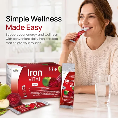Vista 7 de hübner Iron Vital Suministro de hierro líquido más vitamina C, suplemento dietético para adultos y niños, vegano y sin gluten, sabor a fruta, caja