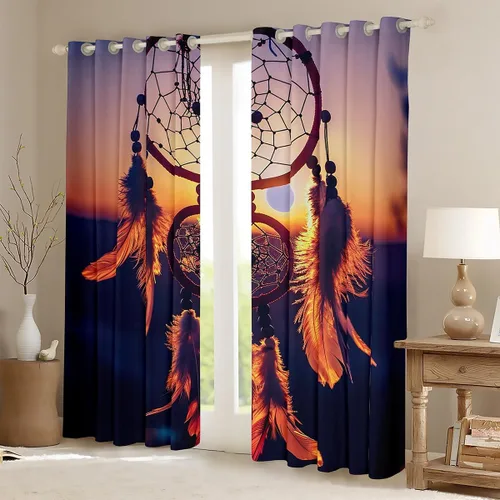 Vista 2 de Cortinas bohemias con atrapasueños para niñas, elegantes, bohemias, atrapasueños, cortinas de ventana de plumas hippie indias para niños