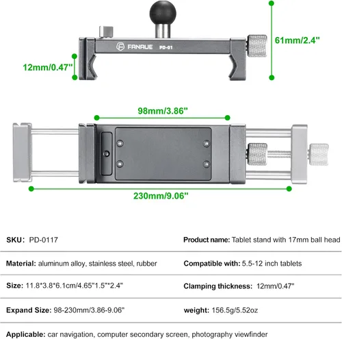 Vista 7 de FANAUE Soporte para iPad con cabezal de bola de 0.669 in para trípode, compatible con brazo de doble enchufe y soporte para automóvil, soporte