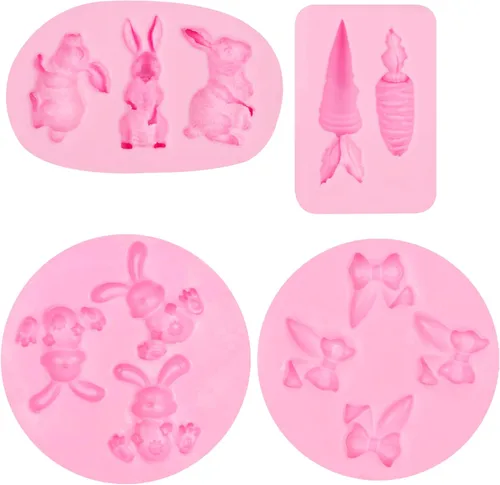 Vista 9 de Moldes de silicona de conejo para chocolate, 4 piezas de conejo, zanahoria, conejo de Pascua, fondant, moldes para hornear para decoración