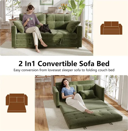 Vista 6 de WorthFurni Sofá cama biplaza de 65 pulgadas, sofá cama convertible de pana para espacios pequeños, sofá cama plegable con asiento profundo