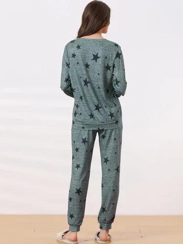 Vista 3 de cheibear Conjunto de pijama de manga larga para mujer, sudadera Kint con estampado de estrellas, ropa de dormir de 2 piezas