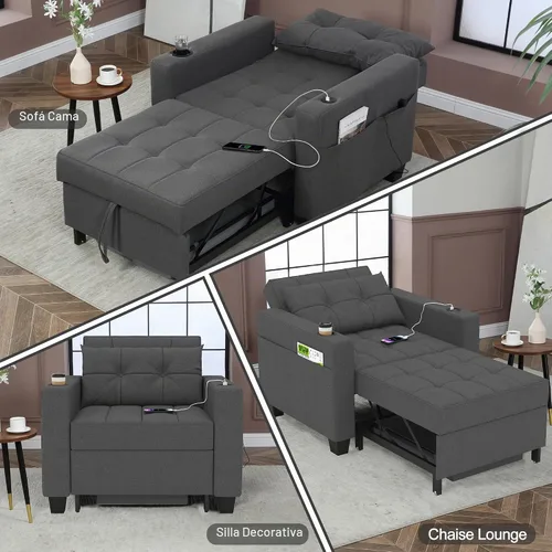 Vista 9 de Silla cama 3 en 1 de 36 pulgadas, sofá cama extraíble convertible, lino Gris-oscuro