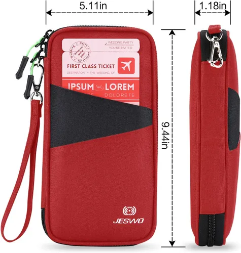 Vista 4 de Cartera de viaje RFID para pasaporte familiar, organizador de documentos impermeable con cremallera y correa de muñeca extraíble, Rojo, Elegante