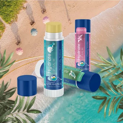 Vista 4 de Stream2Sea - Juego de bálsamo labial hidratante, cereza vainilla, naturalmente desnudo y pepino, bálsamo labial seguro para arrecifes de menta