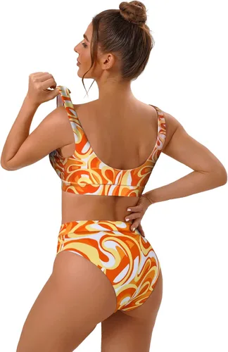 Vista 3 de MIKETAI Traje de baño de dos piezas con cuello redondo y cintura alta para mujer