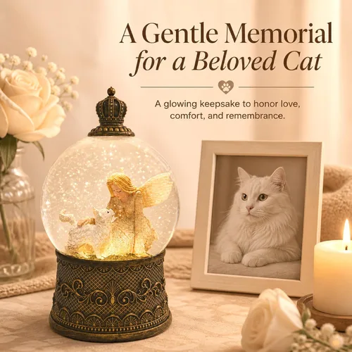 Vista 2 de Regalos conmemorativos para gatos por pérdida de condolencias, globo de nieve con purpurina giratoria automática y temporizador de 6 horas