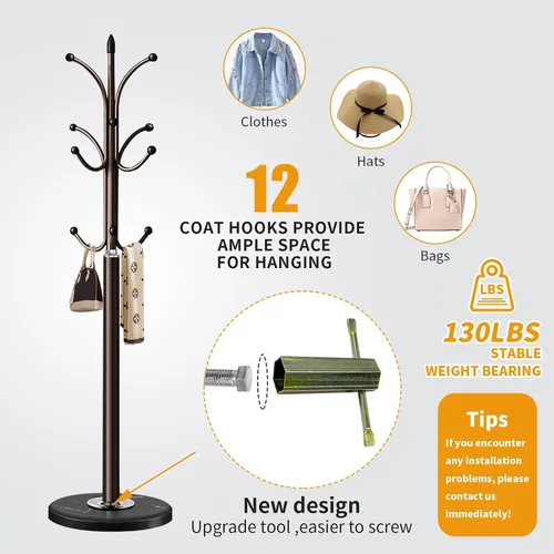 Vista 7 de Perchero de metal con base de mármol natural, perchero independiente, árbol de pasillo resistente con 12 ganchos para colgar ropa, bolsos, bufandas
